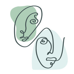 Faces  and abstract shapes. Contemporary vector illustrations on color backgrouds. Line, minimalistic elegant concept. Perfect for social media, cards, postcards.