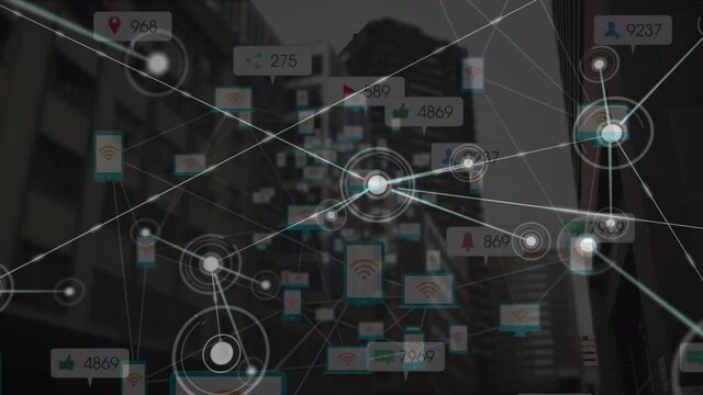 Animation of social media data and office buildings over network of connections