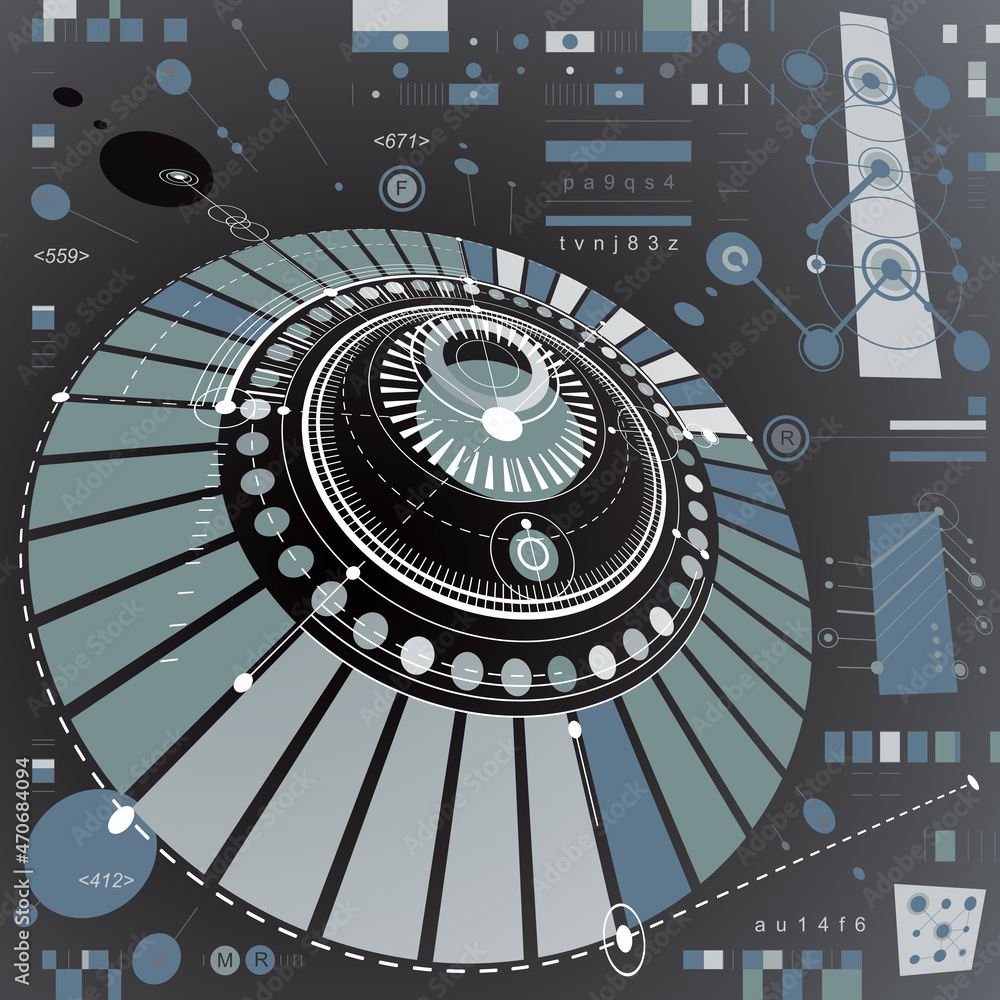 Poster dimensional abstract circular mechanical scheme, 3d technological pattern. vector industrial and eng