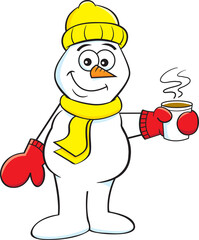 Cartoon illustration of a smiling snowman holding a steaming cup of coffee.