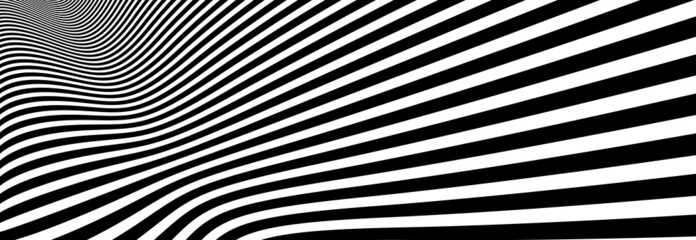 Op art distorted perspective black and white lines in 3D motion abstract vector background, optical illusion insane linear pattern, artistic psychedelic illustration.