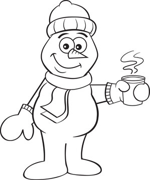 Black and white illustration of a smiling snowman holding a steaming cup of coffee.