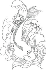 hand drawn koi fish in circle, Japanese carp line drawing coloring book vector image