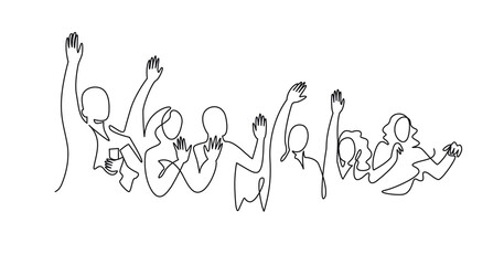 Cheerful crowd cheering illustration. Hands up. Group of applause people continuous one line vector drawing. Audience silhouette hand drawn characters. Women and men standing at concert