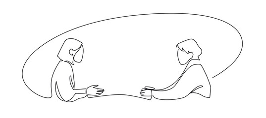Job interview - vector modern simple one line design composition with recruiter and candidate. Continuous Line Drawing of Two women are talking at the table - obrazy, fototapety, plakaty