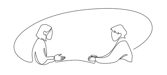Foto auf Acrylglas Eine Linie Vorstellungsgespräch - Vektor moderne einfache einzeilige Design-Komposition mit Personalvermittler und Kandidat. Kontinuierliche Linienzeichnung von zwei Frauen, die sich am Tisch unterhalten