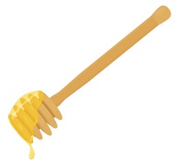  Honey drop, sticky syrup dripping from wood spoon. Vector illustration isolated on white. Natural healthy product. 