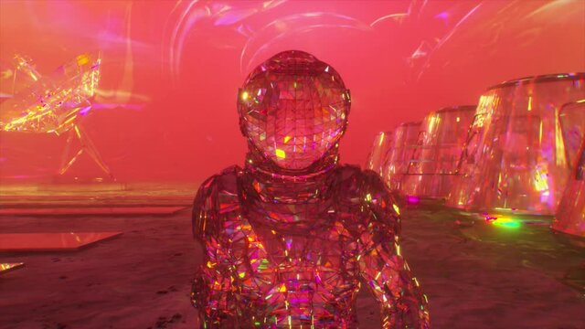 Cosmos concept. A diamond astronaut walks across Mars against the backdrop of a space base. Pink color. 3d animation