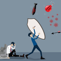 Flat of business concept,The brave businessman protected another businessman from the troubles - vector