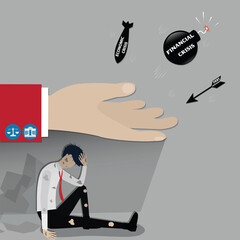 Flat of business concept,The big hand protected a weak businessman from the troubles - vector
