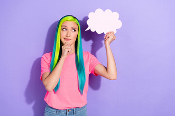 Photo of minded lady with vivid fake colored haircut hold speech bubble think thoughts isolated...