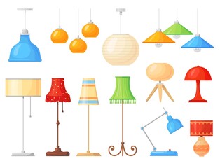 Cartoon lamps. Home interior floor and table torcheres with different lampshades, room illumination. Isolated furniture, neat decor vector set