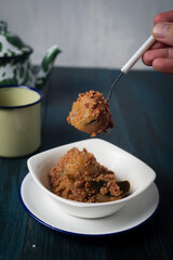 Cilok, traditional food from West Java Indonesia, served with hot and spicy peanut sauce