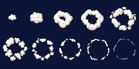 Cartoon smoke animation. Animated cloud explosion dust, sprite frame sheet exhaust gas, blast boom motion effect for game, explode bomb puff fx, comic bang, cartoon neat vector - obrazy, fototapety, plakaty