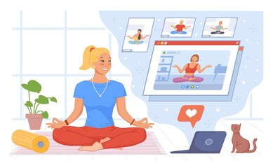 Yoga online class. Woman doing home meditation exercise on video laptop, health activity, comfy pose interior room education in quarantine, swanky vector illustration