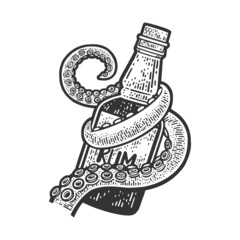 octopus tentacle with a bottle of rum sketch engraving vector illustration. T-shirt apparel print design. Scratch board imitation. Black and white hand drawn image. - obrazy, fototapety, plakaty