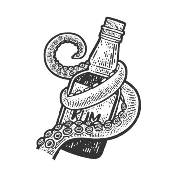 octopus tentacle with a bottle of rum sketch engraving vector illustration. T-shirt apparel print design. Scratch board imitation. Black and white hand drawn image.