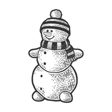 snowman sketch engraving vector illustration. T-shirt apparel print design. Scratch board imitation. Black and white hand drawn image.
