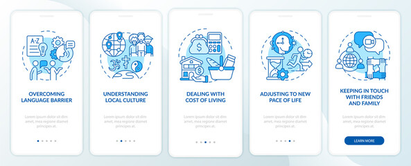 Expats struggles blue onboarding mobile app page screen. Overcoming difficulties walkthrough 5 steps graphic instructions with concepts. UI, UX, GUI vector template with linear color illustrations