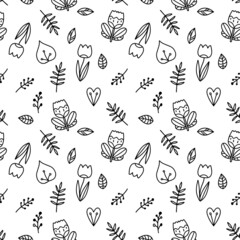 Linear vector pattern with decorative flowers and leaves. Black and white seamless illustration of decorative botany in cartoon style
