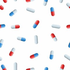 Medical seamless pattern with red, blue and white medical capsules. Pharmacology with pharmaceuticals. Medicine background for wrapping of pills or drugs. Vector illustration