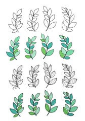 Branches with leaves or algae in varying degrees of detail outlined and colored version on a white background