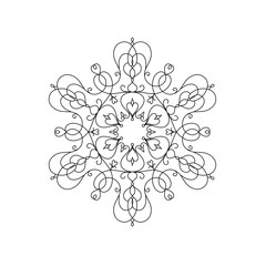 Coloring book with mandala. Mandala with flowers, patterns, curls, black line on a white background in cartoon style. Decorative illustration with leaves, branches and flowers