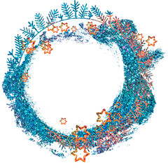 Christmas Sublimation. Round silhouette frames made of fir branches and snowflakes. For the design of postcards, printing stickers and drawings on mugs, T-shirts.Bright, textured, blue brilliant.