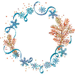 Christmas Sublimation. Round silhouette frames made of fir branches and snowflakes. For the design of postcards, printing stickers and drawings on mugs, T-shirts.Bright, textured, blue brilliant.