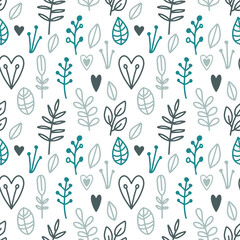 Linear vector pattern with flowers and leaves. Seamless vector botanical pattern in cartoon style