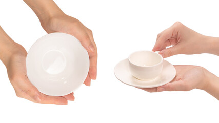 Empty coffee cup in woman hand isolated on white.