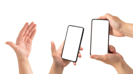 Obraz na płótnie Canvas Smart phone in man hand isolated on white background. White screen.