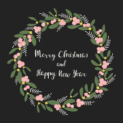 Vector illustration. Christmas  mistletoe wreath on black background - 470688014