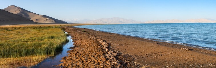 Pamir highway Karakul lake mountains in Tajikistan