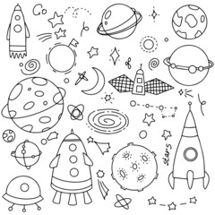 Doodle cosmos illustration set, design elements for any purposes. Hand drawn abstract space ship, planets, stars and ufo.