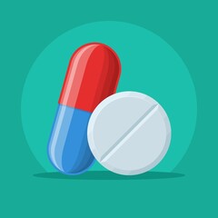 Pills and tablets icon for the treatment of illness and pain. Pharmacy and drugs symbols. Icons of pill. Medical vector illustration