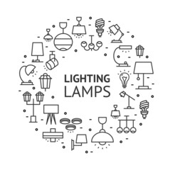 Fototapeta premium Lamp Lighting Round Design Template Thin Line Icon Banner. Vector