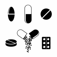 Set of pills and capsules icons on a white background. Medicines icons. Blister pills: pain relievers, vitamins, antibiotics and aspirin. Pharmacy and drugs symbols. Medical vector illustration
