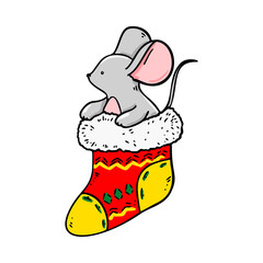 Hand drawn mouse in Christmas sock. Vector illustration