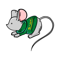 Hand drawn mouse in green sweater. Vector illustration
