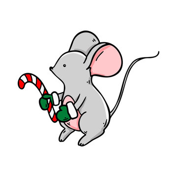 Hand drawn mouse in mittens with a twisted candy. Vector illustration