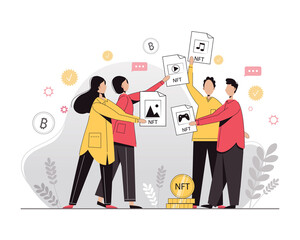 NTF. Non-fungible token. Technology of selling NFT tokens for cryptocurrency. Crypto art. Vector illustration.