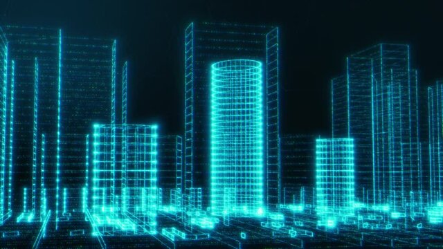 futuristic city view, cyberspace or smart city concept, skyscrapers made with particles (3d render)