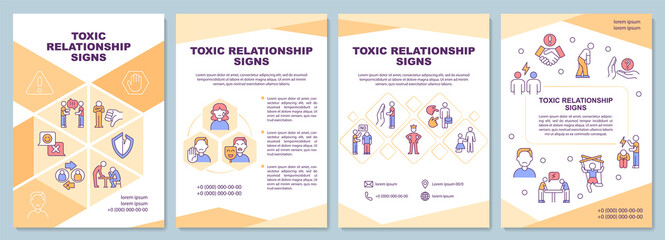 Toxic relationship signs brochure template. Define domestic abuse. Flyer, booklet, leaflet print, cover design with linear icons. Vector layouts for presentation, annual reports, advertisement pages