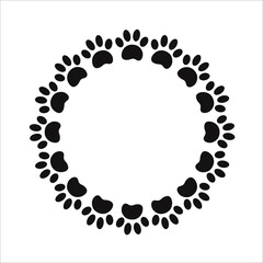 Black paw prints animals round frame design element  with blank space for your text.	
