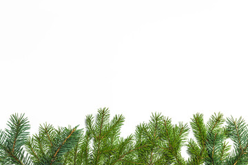 Background for christmas holiday; Frame of fir branches on white background, flat lay, copy space