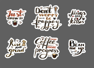 Set stickers humor quote about coffee with cup, Drip coffee bag, bean and others object. Cute collection design elements for paper, journal, icon, agenda, printable