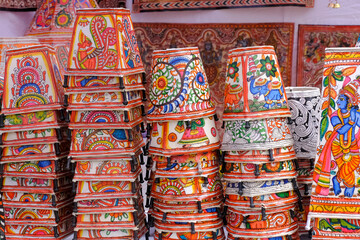 Vibrant colorful lampshades for sale at the Pune Crafts Mela in Maharashtra India, Interior...