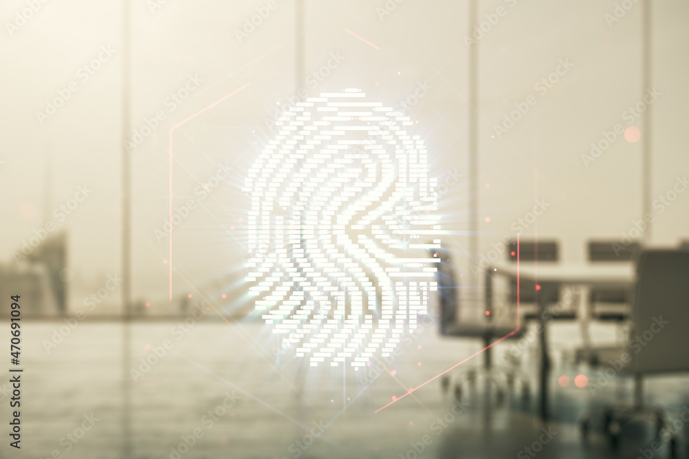 Leinwandbilder multi exposure of virtual fingerprint scan interface on a modern furnished office interior backgroun