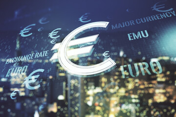 Virtual EURO symbols illustration on blurry skyscrapers background, forex and currency concept. Multiexposure